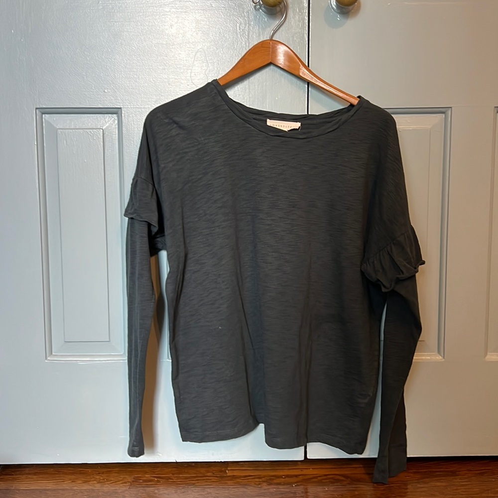 Long sleeved slub cotton top with ruffled detail mid sleeve